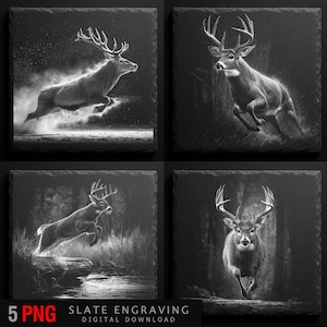 May include: Four square slate coasters with monochrome images of deer in motion. Each coaster depicts a different scene of a deer leaping or running. Text at the bottom reads "5 PNG SLATE ENGRAVING DIGITAL DOWNLOAD".