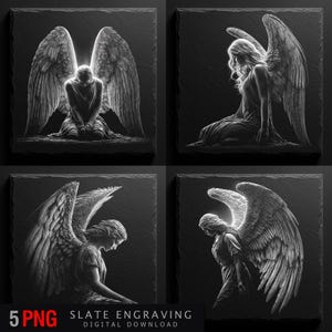 Fallen Angel Slate Engraving PNG Bundle – Dark Angel Statue Clipart for Laser Engraving, Gothic Angel Silhouette, Memorial Art PNG