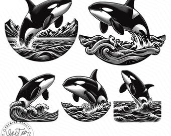 Pakiet Orca SVG, Clipart Killer Whale, Ocean Animal SVG PNG, Pliki Leaping Orca Cut dla Cricut, Grawerowanie laserowe, Sztuka dzikiej przyrody