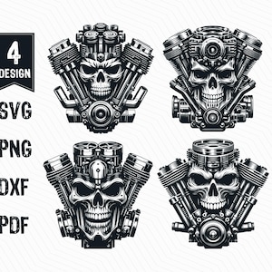 May include: Four black and white vector illustrations of a skull with a motorcycle engine design. The skull is in the centre of the engine, with the engine parts surrounding it. The illustrations are in a vintage style.