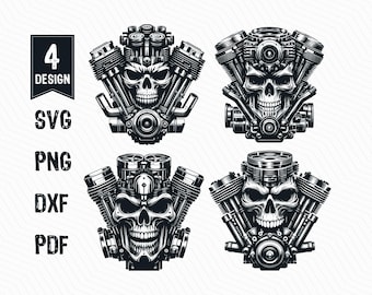 Motorcycle Engine Skull Illustration Vector, Motorbike Engine SVG, Engine Mechanical Skull, Biker PNG Clipart Cut Files Engraving Silhouette