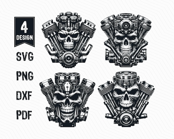 Motorcycle Engine Skull Illustration Vector, Motorbike Engine SVG, Engine Mechanical Skull, Biker PNG Clipart Cut Files Engraving Silhouette