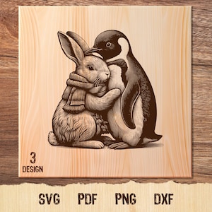 Rabbit and Penguin Illustration Vector, Rabbit Bunny SVG, Penguin Svg, Animal Friendship Laser Cut Vector PNG Clipart Cut Files Engraving