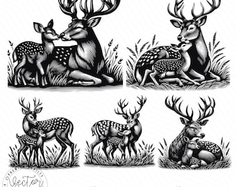 Deer Fawn SVG, Forest Deer, Deer Hunting, Deer Nuzzling, Deer Head SVG PNG Clipart Cut Files Engraving Silhouette