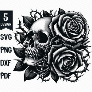 Illustration vectorielle de crâne de roses, tête de mort floral avec des épines de roses, tête de mort romantique, tête de mort fleurs vecteur PNG Clipart coupe fichiers gravure