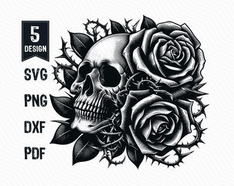May include: A black and white illustration of a human skull with two roses, one on top of the other, and thorns.