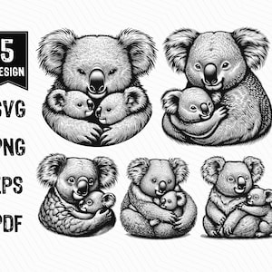 May include: Five black and white illustrations of koalas. Each koala is holding a smaller koala in its arms. The koalas are drawn in a detailed, realistic style.