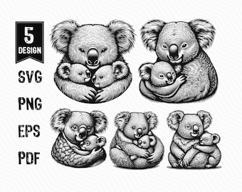 Koala SVG, Nuzzling Koala, Mother Koala and Baby Koala, Cute Koala, Cute Animal, Koala SVG PNG Clipart Cut Files Engraving Silhouette