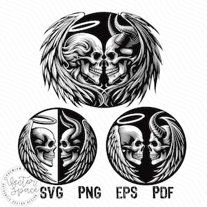 Puede incluir: Ilustración en blanco y negro de dos calaveras, una con alas de ángel y un halo, la otra con cuernos de diablo y alas. Las calaveras se miran y parecen besarse.
