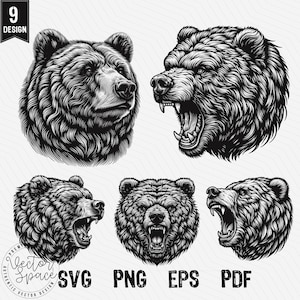 Bear Head Bundle SVG, Bear Svg, Wildlife Bear, Angry Bear, Bear Face, Bear Animal SVG Vector PNG Clipart Silhouette Cut Files Engraving