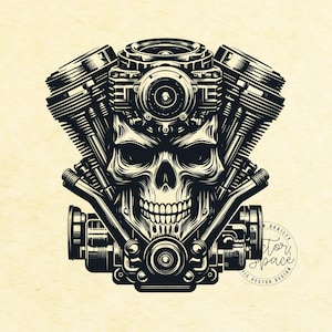 Peut inclure: Illustration en noir et blanc d'un cr&acirc;ne avec un design de moteur de moto. Le cr&acirc;ne a un sourire narquois et le moteur a des d&eacute;tails complexes.