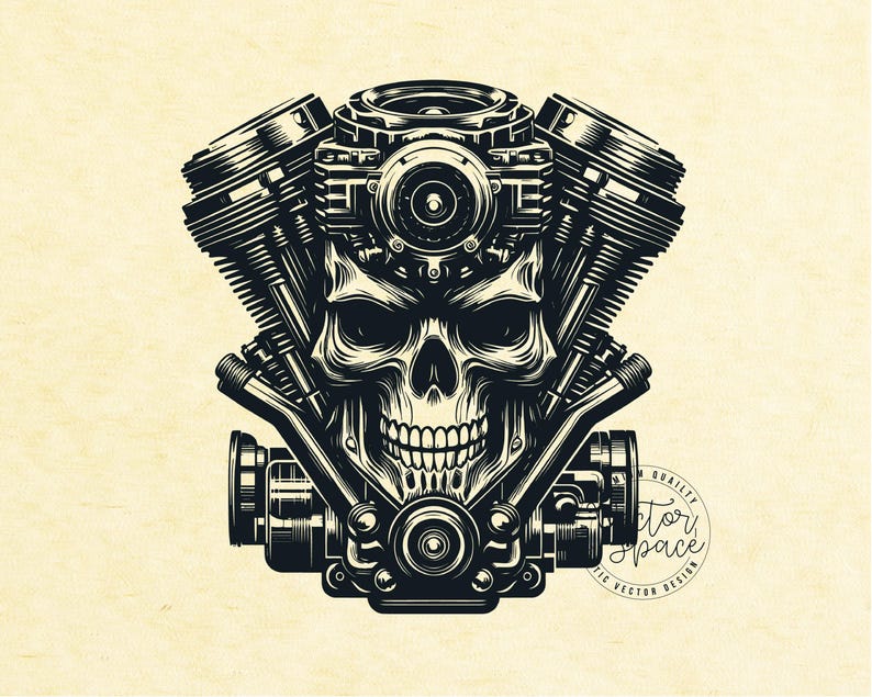Peut inclure: Illustration en noir et blanc d'un cr&acirc;ne avec un design de moteur de moto. Le cr&acirc;ne a un sourire narquois et le moteur a des d&eacute;tails complexes.