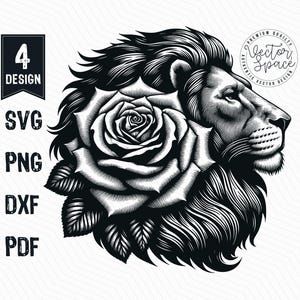 Lion Head and Rose Vector Illustration, Lion Flower Rose SVG, Lion Floral Svg, Lion Head Vector PNG Clipart Cut Files Engraving