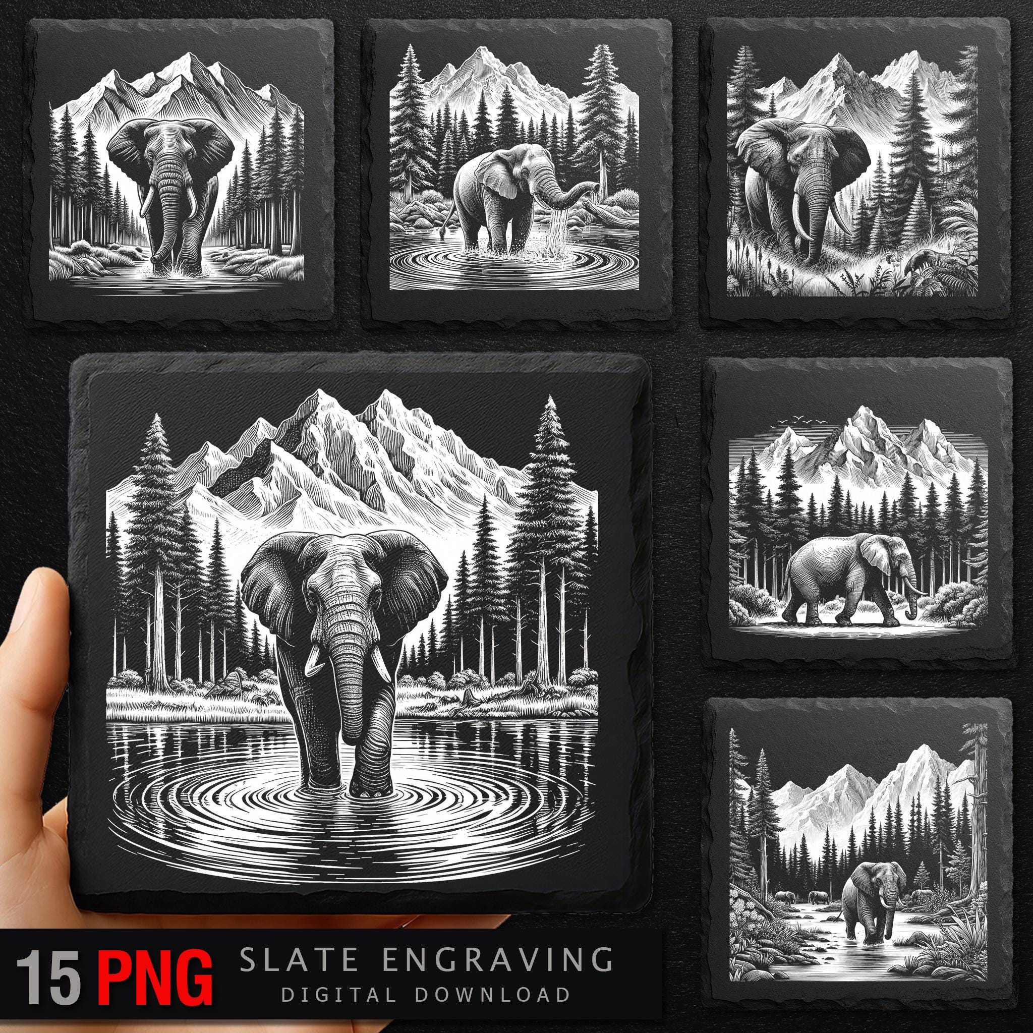 Elephant Slate Engraving PNG Bundle: Mountain Forest Scene (digital ...
