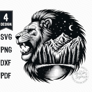ライオン山森林イラストベクター、ライオンヘッドSVG、雄大なライオン、ライオンベクターPNGクリップアートカットファイル彫刻シルエット