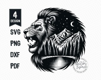 Lion Mountain Forest Illustration Vector, Lion Head SVG, Majestic Lion, Lion Vector PNG Clipart Cut Files Engraving Silhouette