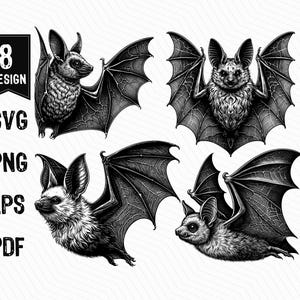 Bat Illustration SVG Bundle: Vintage Flying Bats Clipart (Digital Download)
