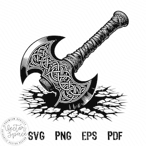 May include: A black and white illustration of a Viking axe with intricate knotwork designs. The axe is embedded in cracked ground, suggesting its power and force.