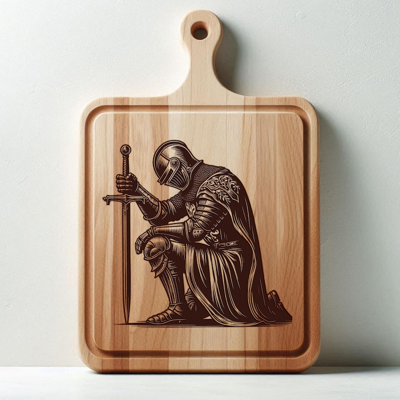 May include: A wooden cutting board with a laser-engraved design of a knight kneeling with a sword. The knight is wearing armor and a cape.