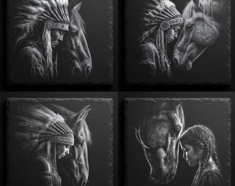 Native Spirit Horse Engraving PNG: Rustic Tribal Art (Digital Download