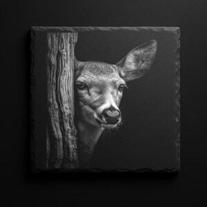 May include: Black and white square slate featuring a detailed image of a deer peeking from behind a tree trunk. The deer's head and part of the trunk are visible, set against a dark background. The image is a close-up, highlighting the deer's features.