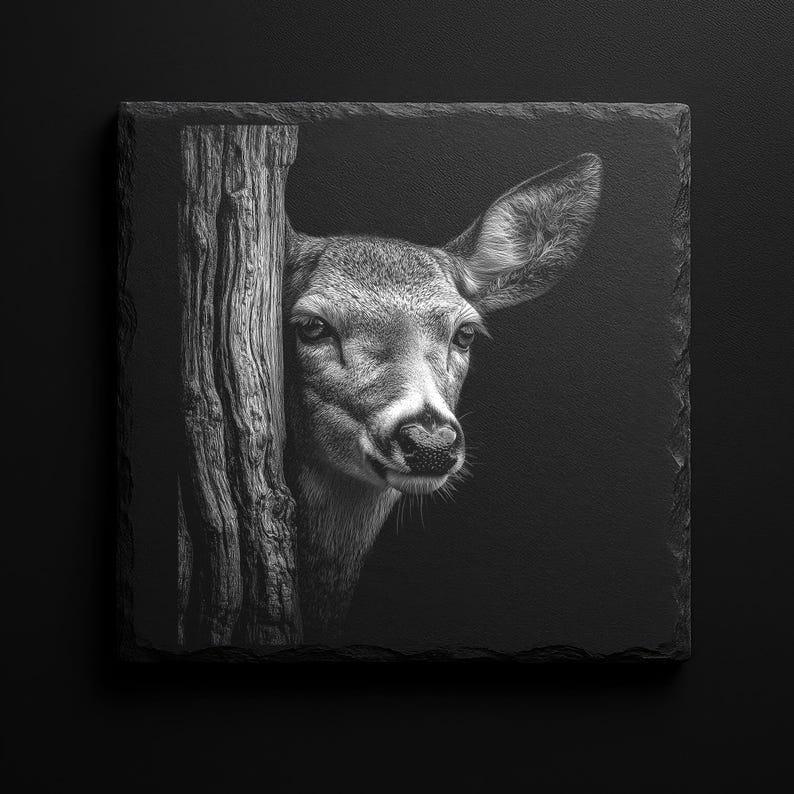 May include: Black and white square slate featuring a detailed image of a deer peeking from behind a tree trunk. The deer's head and part of the trunk are visible, set against a dark background. The image is a close-up, highlighting the deer's features.