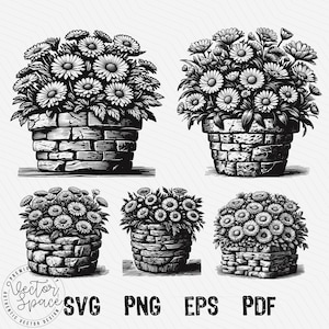 May include: Four black and white illustrations of potted flowers. Each illustration features a different arrangement of flowers in a brick-patterned pot.