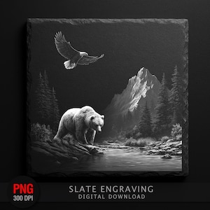 Grizzly Bear & Eagle Slate Engraving PNG | Mountain Wilderness Wildlife Clipart | High Contrast Black White Art | Digital Download File