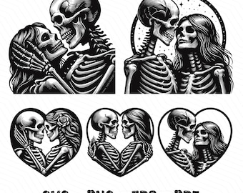Esqueleto de amor SVG, Pareja de esqueletos, Esqueleto desmalezado, Esqueleto de calavera romántico, Esqueleto de calavera SVG PNG Clipart Archivos de corte Grabado Silueta