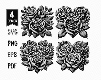 Roses Heart SVG, Floral Flowers Svg, Roses Illustration, Floral Heart, Roses Decorative SVG PNG Clipart Cut Files Engraving Silhouette