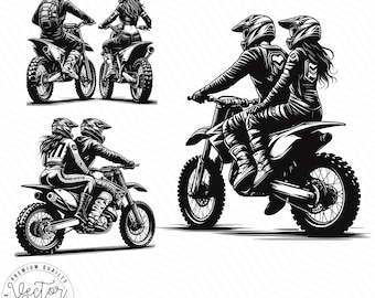Biker Couple, Dirt Bike Couple, Motocross Couple, Dad Mom Dirtbike Motocross, Dad and Mom SVG PNG Clipart Cut Files Engraving Silhouette