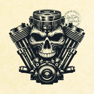 Peut inclure: Illustration en noir et blanc d'un cr&acirc;ne avec un design de moteur de moto. Le cr&acirc;ne a un sourire narquois et le moteur a des pistons et une culasse.