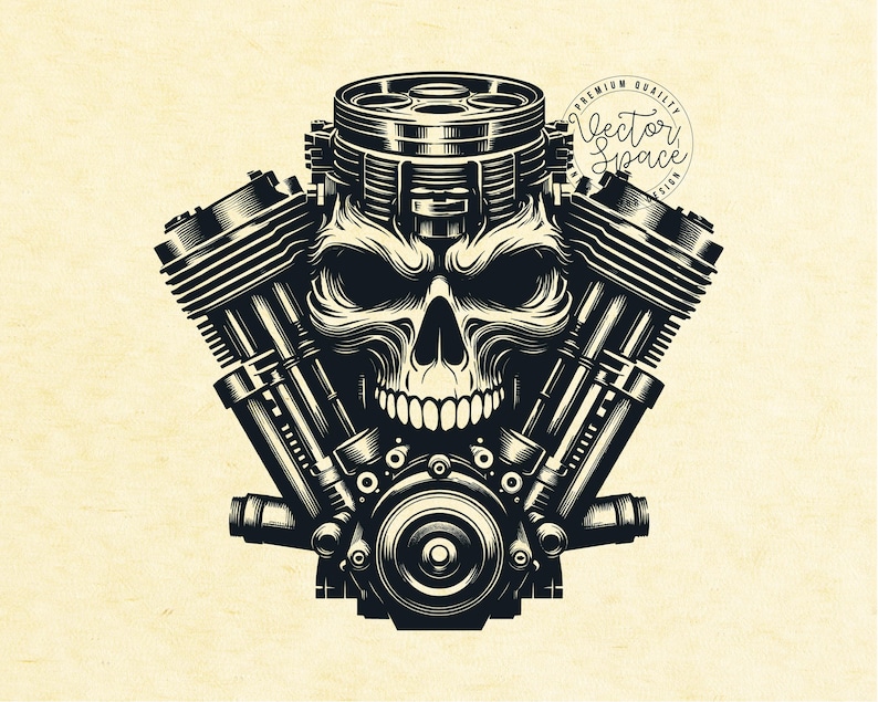 Peut inclure: Illustration en noir et blanc d'un cr&acirc;ne avec un design de moteur de moto. Le cr&acirc;ne a un sourire narquois et le moteur a des pistons et une culasse.