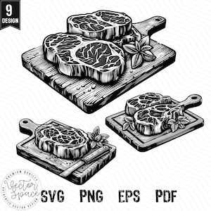 Grilled Steak SVG, Steak, Meat, Beef, Grilled, Barbecue, Cutting Board, Food Illustration SVG PNG Clipart Cut Files Engraving