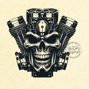 Peut inclure: Illustration en noir et blanc d'un cr&acirc;ne avec un design de moteur de moto. Le cr&acirc;ne a un sourire narquois et le moteur a des pistons et des engrenages. Le texte "Premium Quality Vector Space Vector Design" est dans un cercle autour de l'image.
