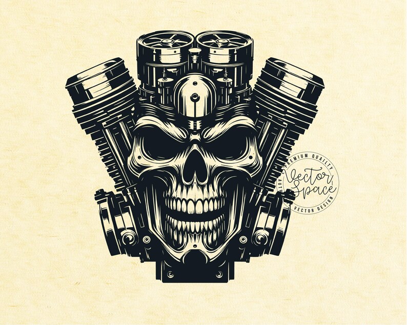 Peut inclure: Illustration en noir et blanc d'un cr&acirc;ne avec un design de moteur de moto. Le cr&acirc;ne a un sourire narquois et le moteur a des pistons et des engrenages. Le texte "Premium Quality Vector Space Vector Design" est dans un cercle autour de l'image.
