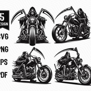 La Faucheuse équitation moto SVG, Grim Reaper Rider, motard tête de mort, la Faucheuse motard squelette SVG PNG coupe fichiers gravure Silhouette