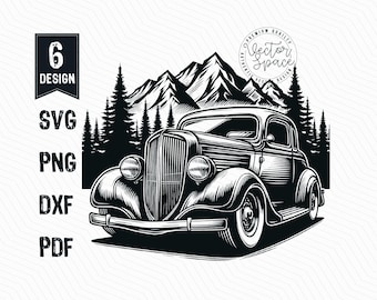 Vintage Classic Car Illustration Vector, Old Antique Car SVG, Car Scenic Mountain Svg Laser Cut Vector PNG Clipart Cut Files Engraving