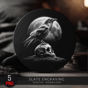 Raven Skull Engraving Bundle | Gothic Crow Slate Art PNG | Dark Laser Clipart Pack | 5 High-Res Files for Engraving & Crafts