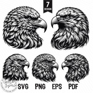 Op de afbeelding: Zwart-wit illustraties van adelaarskoppen in verschillende poses. De afbeelding bevat de tekst "7 DESIGN" en bestandstype-opties: SVG, PNG, EPS en PDF. Het kunstwerk heeft gedetailleerde lijnen.
