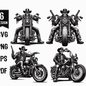 Squelette de moto de cowboy, motard squelette, cavalier squelette, western cowboy motard squelette SVG PNG coupe fichiers gravure Silhouette
