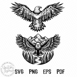 May include: Two detailed black and white eagle illustrations. The top eagle has outstretched wings, with a forest and river design within its body. The bottom eagle features a mountain and forest scene. The image includes "Vector Space" and file type options.