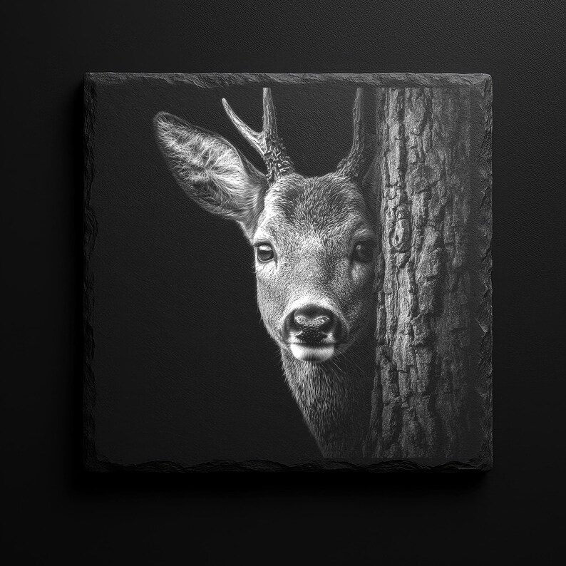 May include: Black and white square slate coaster featuring a deer peeking from behind a tree. The deer's face and antlers are detailed, with the tree trunk's texture visible. The coaster has a rough, natural edge.