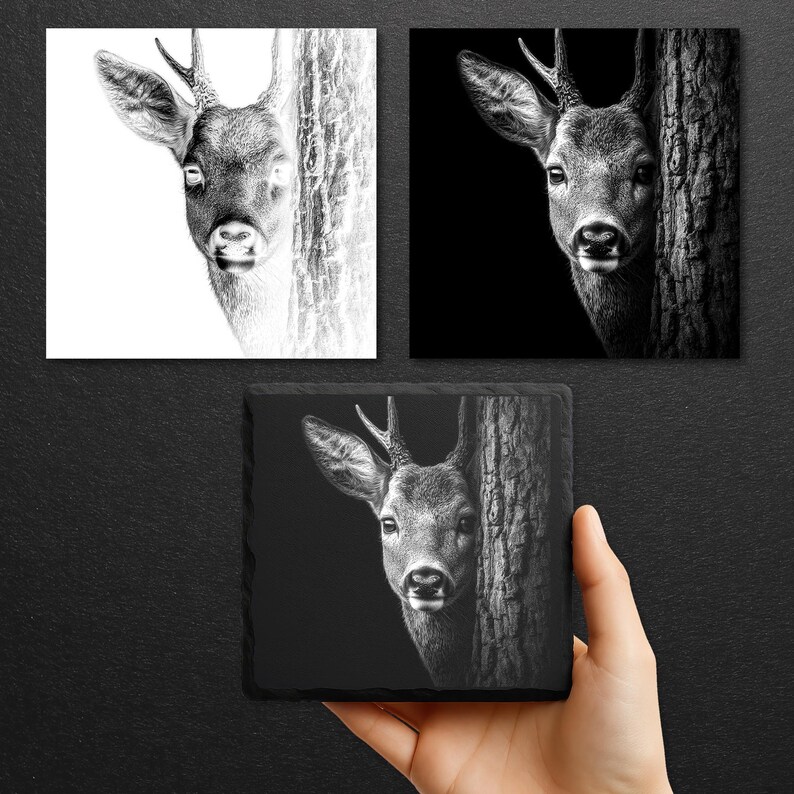 May include: Black and white art prints and a coaster featuring a deer peeking from behind a tree. The deer has antlers and is centered in the image. The art prints are square and the coaster is held by a hand.