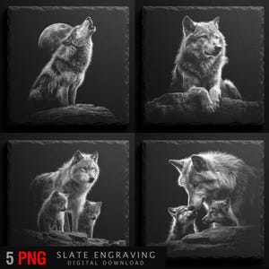 May include: A set of four square slate coasters, each with a grayscale image of wolves. One shows a wolf howling at the moon. The others depict wolves in different poses, including a mother with her pups. Text at the bottom reads "5 PNG" and "SLATE ENGRAVING DIGITAL DOWNLOAD".