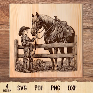 Ilustración vectorial de niños y caballos de pequeños vaqueros, niños vaqueros, vaquero y caballo, archivos PNG de corte por láser, archivos de corte, grabado