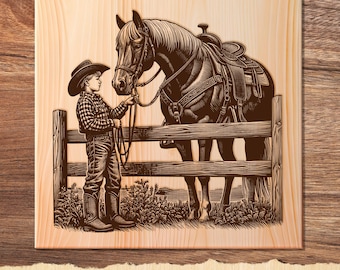 Little Cowboy Childern and Horse Illustration Vector, Cowboy Kids, Cowboy and Horse Laser Cut Vector PNG Clipart Cut Files Engraving