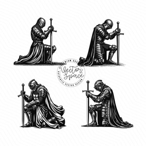 May include: Four black and white illustrations of a knight kneeling with a sword in front of them. The knight is wearing armor and a cloak. The sword is held upright in front of the knight.