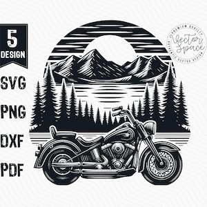Classic Motorcycle Illustration Vector, Motorcycle Mountain Forest SVG, Retro Motorcycle Vector PNG Clipart Cut Files Engraving Silhouette
