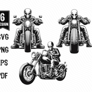 May include: Three black and white illustrations of aliens riding motorcycles. The aliens are wearing leather jackets and helmets. The motorcycles are classic choppers with large front wheels.